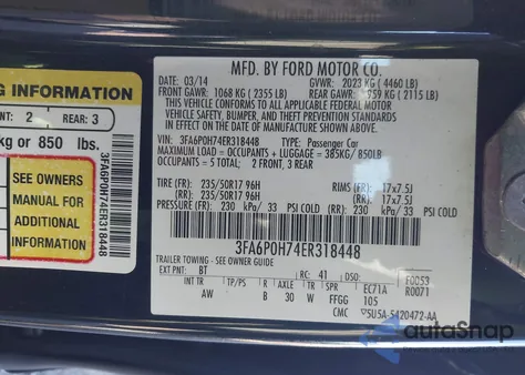 2014 Ford Fusion Se from USA, damaged, VIN 3FA6P0H74ER318448